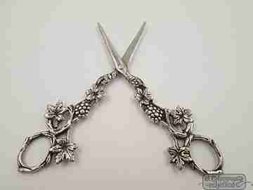 Decorative sterling silver scissors. Vine leaves and grapes