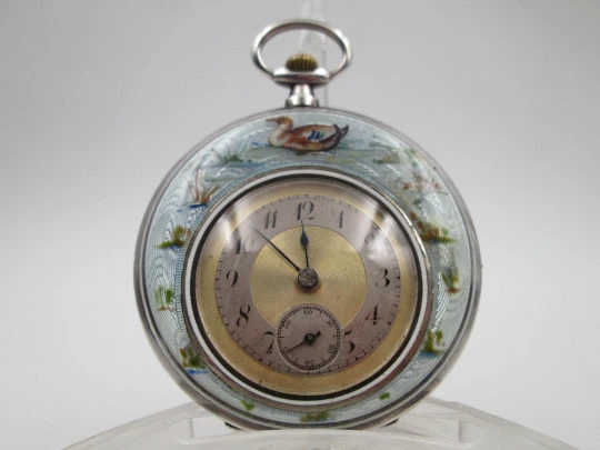 Demi-hunter swiss pocket watch. Sterling silver and enamels. Ducks and dogs motifs