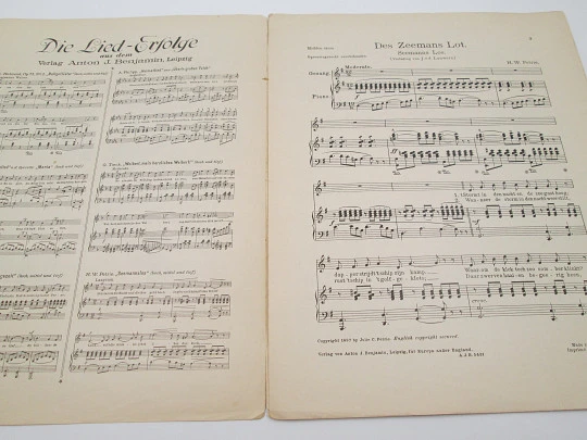 Des Zeemans Lot partitura piano. Henry Petrie. Anton Benjamin. 1º Siglo XX. Alemania