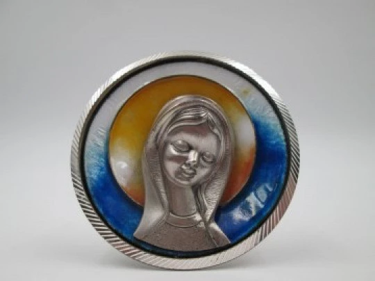 Desk icon / plaque Virgin Mary. Sterling silver & colours enamel. 1980's