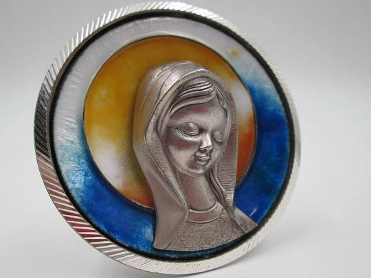 Desk icon / plaque Virgin Mary. Sterling silver & colours enamel. 1980's