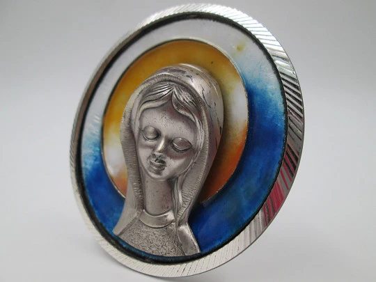 Desk icon / plaque Virgin Mary. Sterling silver & colours enamel. 1980's