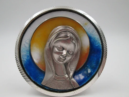 Desk icon / plaque Virgin Mary. Sterling silver & colours enamel. 1980's
