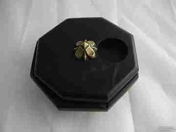 Desk inkwell. Black stone. Bronze flower. Octagonal shape