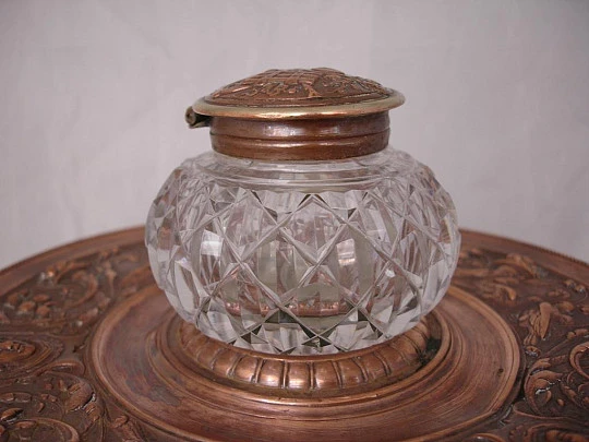 Desk inkwell. Copper. 1960's. Dish. Engravings. Cut crystal