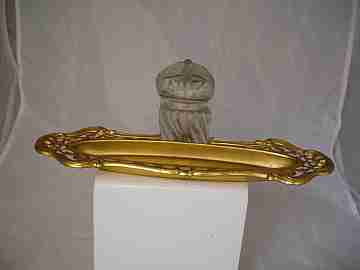 Desk / office inkwell. Cut crystal. Golden metal tray. 1950's