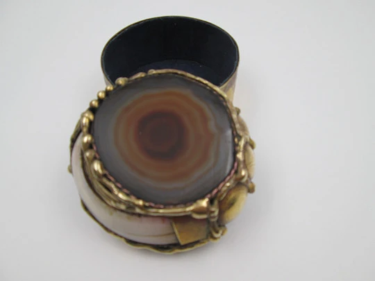 Desk table box. Gold plated metal. Agate, wild boar tusk and South America coins. 1970's