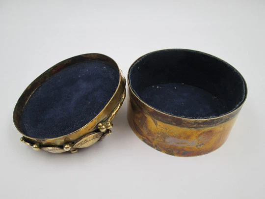 Desk table box. Gold plated metal. Agate, wild boar tusk and South America coins. 1970's