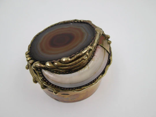 Desk table box. Gold plated metal. Agate, wild boar tusk and South America coins. 1970's