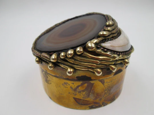 Desk table box. Gold plated metal. Agate, wild boar tusk and South America coins. 1970's