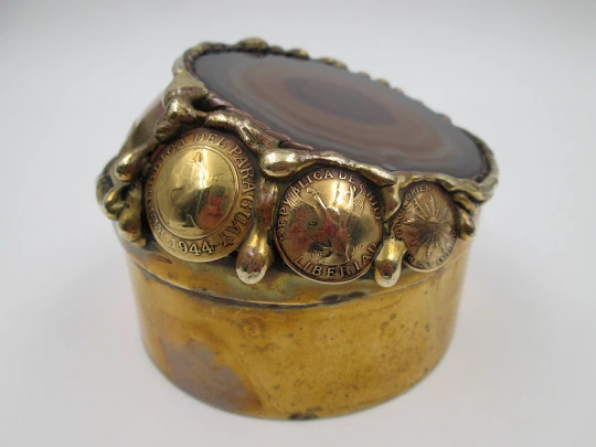 Desk table box. Gold plated metal. Agate, wild boar tusk and South America coins. 1970's