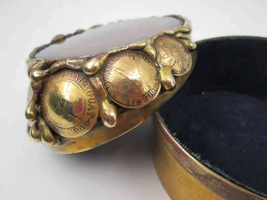 Desk table box. Gold plated metal. Agate, wild boar tusk and South America coins. 1970's