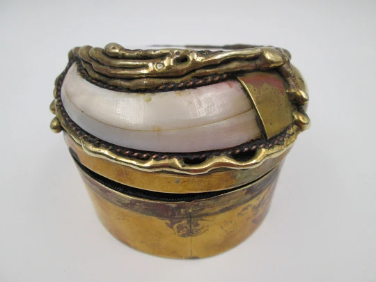 Desk table box. Gold plated metal. Agate, wild boar tusk and South America coins. 1970's