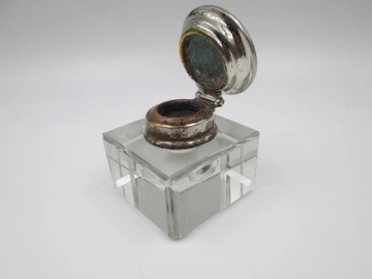 Desk / table glass inkwell. Articulated silver plated lid. Linear motifs. Europe. 1940's