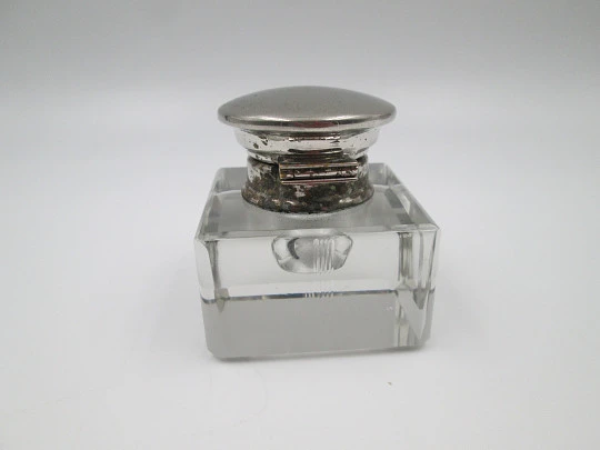 Desk / table glass inkwell. Articulated silver plated lid. Linear motifs. Europe. 1940's