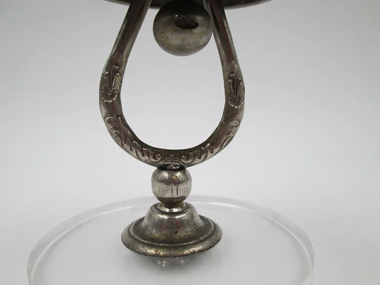 Desk / table / hotel bell. Silver metal and methacrylate base. Floral motifs. 1960's