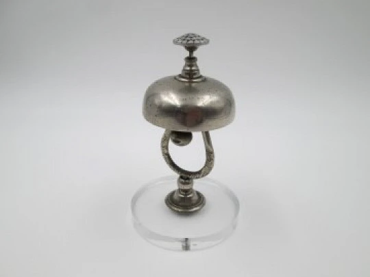 Desk / table / hotel bell. Silver metal and methacrylate base. Floral motifs. 1960's
