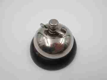 Desk / table / hotel bell. Silver metal and wood. Wind-up. 1950's