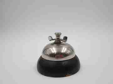 Desk / table / hotel bell. Silver metal and wood. Wind-up. 1950's