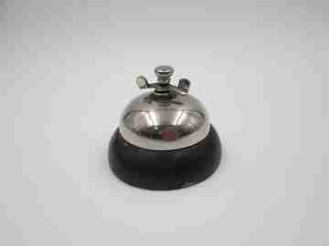 Desk / table / hotel bell. Silver metal and wood. Wind-up. 1950's