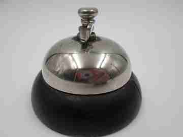 Desk / table / hotel bell. Silver metal and wood. Wind-up. 1950's