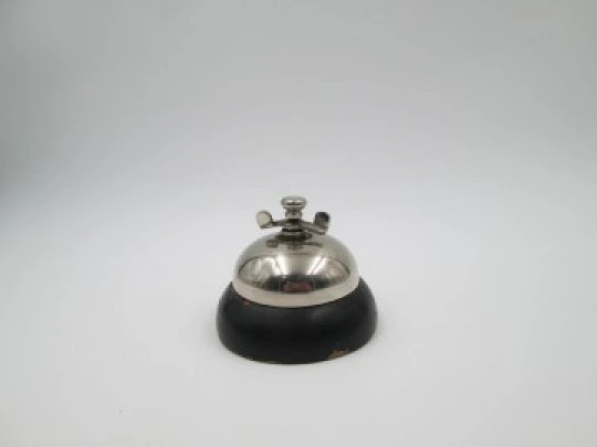 Desk / table / hotel bell. Silver metal and wood. Wind-up. 1950's