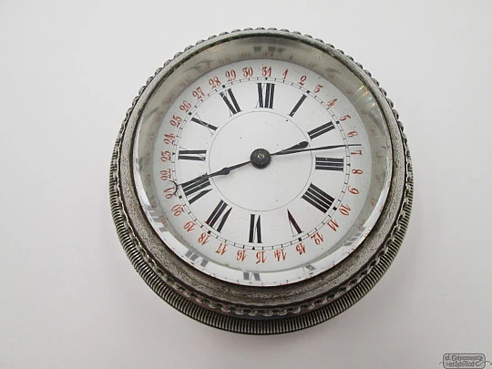 Desk table paperweight clock. Calendar scale. Wind-up. Nickel-plated bronze. Europe. 1930's