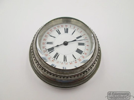 Desk table paperweight clock. Calendar scale. Wind-up. Nickel-plated bronze. Europe. 1930's