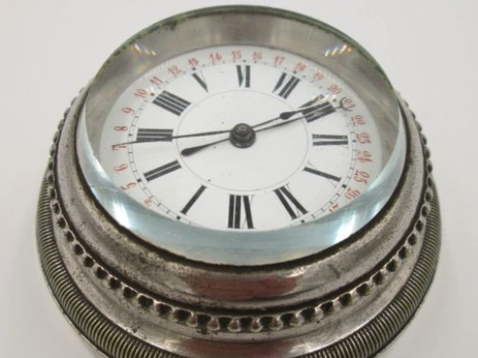 Desk table paperweight clock. Calendar scale. Wind-up. Nickel-plated bronze. Europe. 1930's