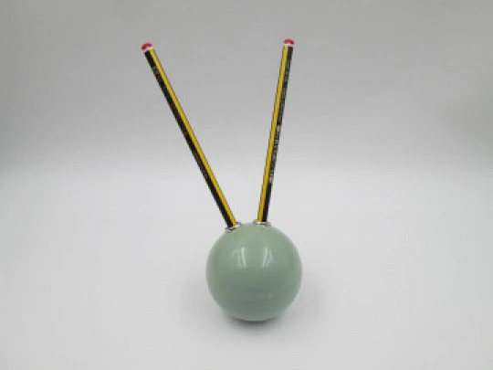 Desk / table sphere ball pencil holder. Green resin and silver plated metal. 1980's