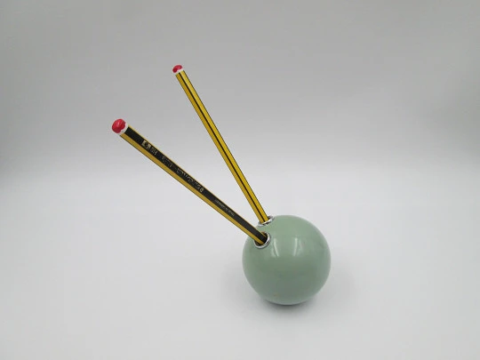 Desk / table sphere ball pencil holder. Green resin and silver plated metal. 1980's