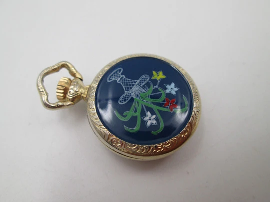 Diamant pendant watch. Gold plated. Manual wind. Vase with flowers enamel. 1970's