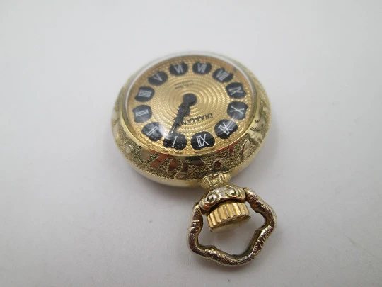 Diamant pendant watch. Gold plated. Manual wind. Vase with flowers enamel. 1970's