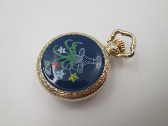 Diamant pendant watch. Gold plated. Manual wind. Vase with flowers enamel. 1970's