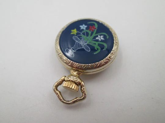 Diamant pendant watch. Gold plated. Manual wind. Vase with flowers enamel. 1970's