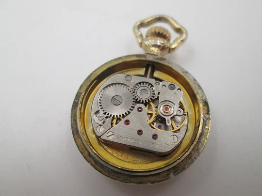Diamant pendant watch. Gold plated. Manual wind. Vase with flowers enamel. 1970's