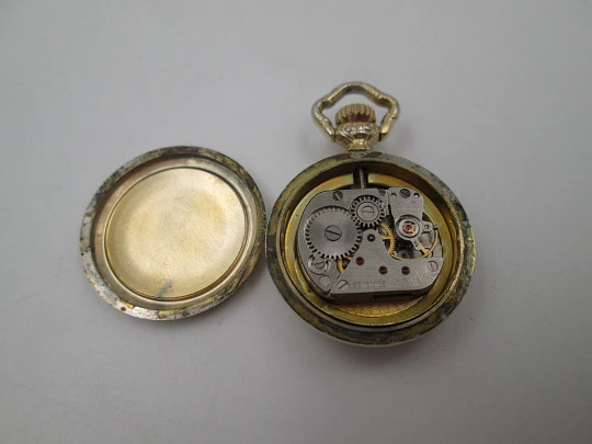 Diamant pendant watch. Gold plated. Manual wind. Vase with flowers enamel. 1970's