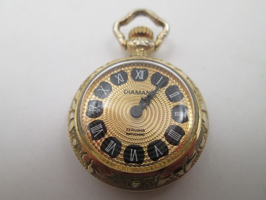 Diamant pendant watch. Gold plated. Manual wind. Vase with flowers enamel. 1970's