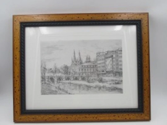 Dibujo plumilla Pedro Saiz. Puente de San Pablo y Catedral (Burgos). 1990. Marco