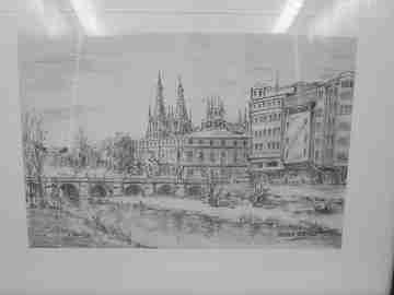 Dibujo plumilla Pedro Saiz. Puente de San Pablo y Catedral (Burgos). 1990. Marco