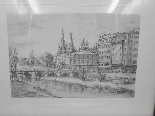 Dibujo plumilla Pedro Saiz. Puente de San Pablo y Catedral (Burgos). 1990. Marco