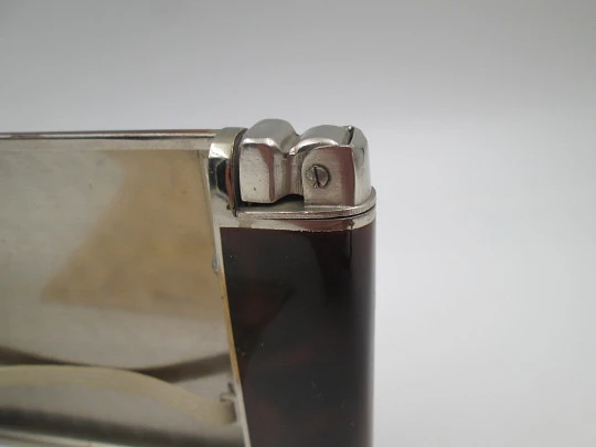 Dios automatic gasoline lighter with cigarette case. Silver plated & tortoiseshell enamel