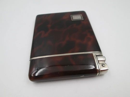 Dios automatic gasoline lighter with cigarette case. Silver plated & tortoiseshell enamel