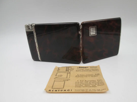 Dios automatic gasoline lighter with cigarette case. Silver plated & tortoiseshell enamel Dios automatic gasoline lighter with cigarette case. Silver plated & tortoiseshell enamel