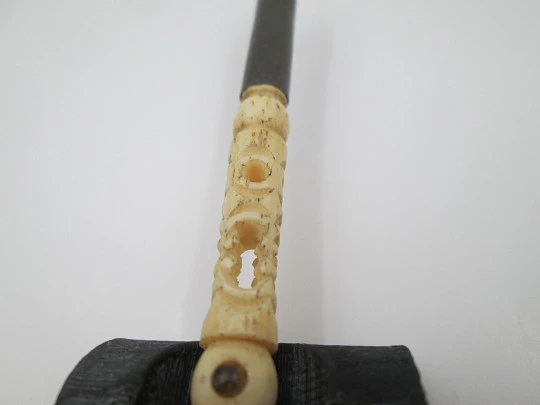Dip calligraphy pen with letter opener. Painted bone and metal. Openwork motifs. 1900s