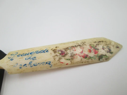 Dip calligraphy pen with letter opener. Painted bone and metal. Openwork motifs. 1900s