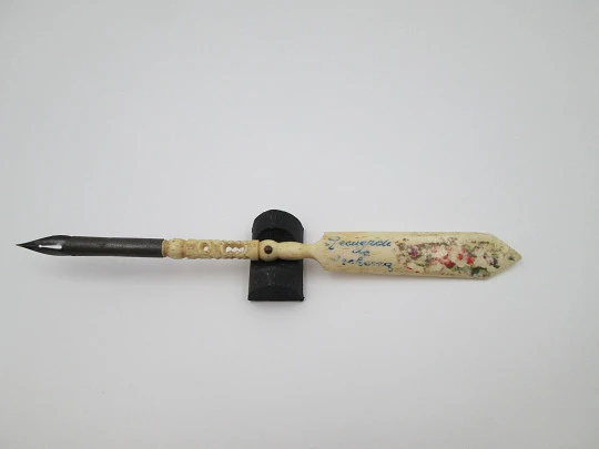 Dip calligraphy pen with letter opener. Painted bone and metal. Openwork motifs. 1900s