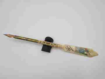 Dip calligraphy pen with letter opener. Painted bone & golden metal. Openwork motifs. 1900s