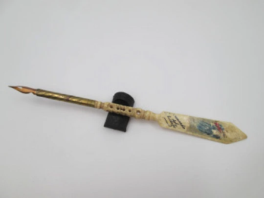 Dip calligraphy pen with letter opener. Painted bone & golden metal. Openwork motifs. 1900s