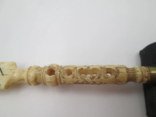 Dip calligraphy pen with letter opener. Painted bone & golden metal. Openwork motifs. 1900s